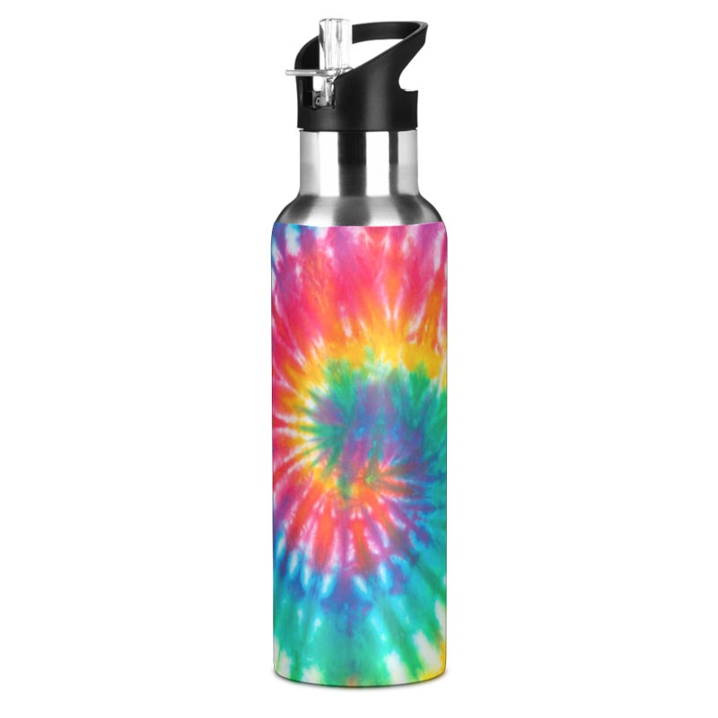 BOENLE Tie Dye Rainbow Water Bottle Girls Insulated Thermos Kids Women Stainless Steel Hot Cold Water Flask Jug Straw Lid for Sports Gym Running 20 oz - Image 1